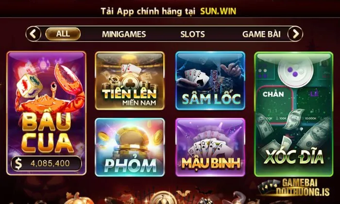 Chọn sâm lốc trên giao diện chính của cổng game Sunwin