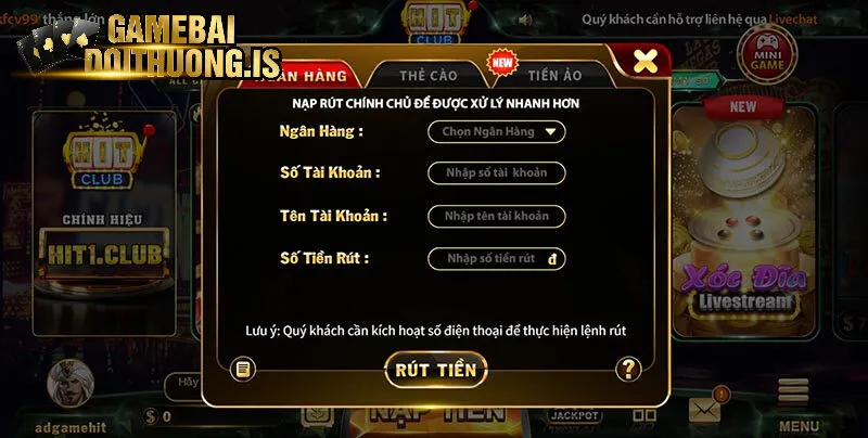 Nạp rút tiền tại nổ hũ Hitclub